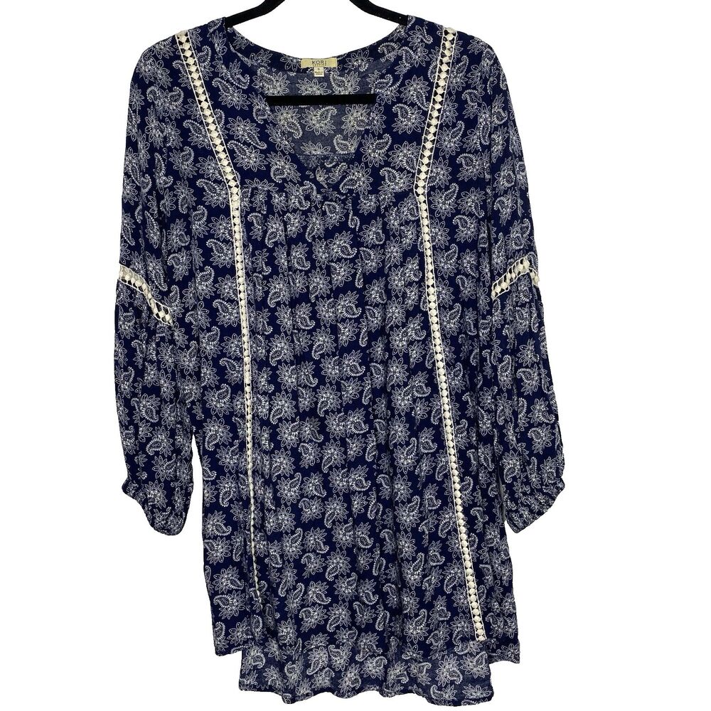 Kori America Paisley Mini Dress Women S Babydoll Crochet V-Neck Long Sleeve Blue